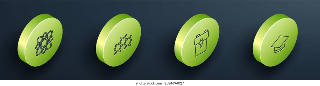 Set Isometric Atom, Chemical formula, School backpack and Graduation cap icon. Vector