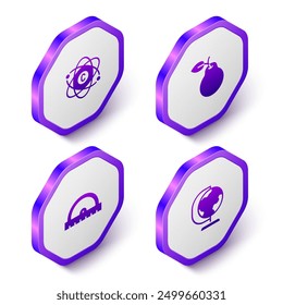 Set Isometric Atom, Pear, Protractor grid and Earth globe icon. Purple hexagon button. Vector