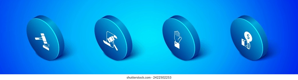 Set Isometric Auction hammer, Hand holding auction, paddle and  icon. Vector