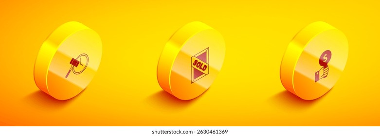 Set Isometric Auction hammer, painting sold and Hand holding auction paddle icon. Vector