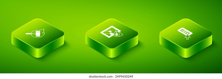 Set Isometric Auction painting, Bid and hammer icon. Vector