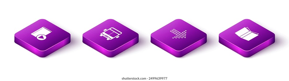 Set Isometric Audio book, Bus, Dots arrow and Open icon. Vector