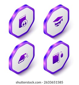 Set Isometric Audio book, Graduation cap on globe, Online and Electronic with mouse icon. Purple hexagon button. Vector