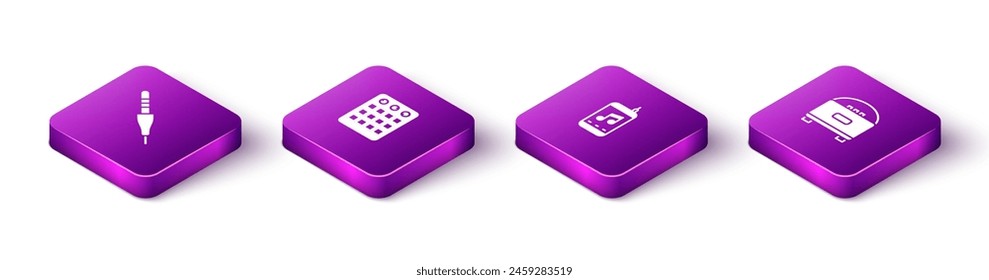 Set Isometric Audio jack, Drum machine, Music player and Stereo speaker icon. Vector