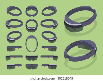 Set of the isometric augmented reality headsets. The objects are isolated against the green background and shown from different sides