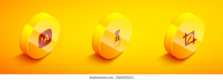 Set Isometric Auto flash, Remote control for camera and Picture crop photo icon. Vector