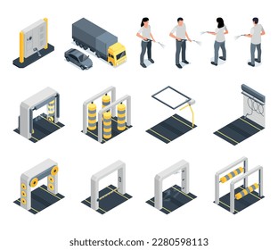 Se establece con iconos aislados de lavado de coches isométrico automatizado con coches de personas y equipo de mantenimiento de lavado automático ilustración vectorial