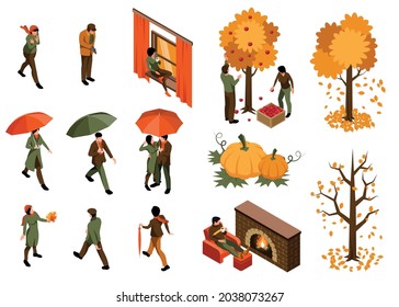 Fijado con el otoño isométrico otoño cómodos iconos con personajes humanos imágenes de árboles y hojas caídas ilustración vectorial