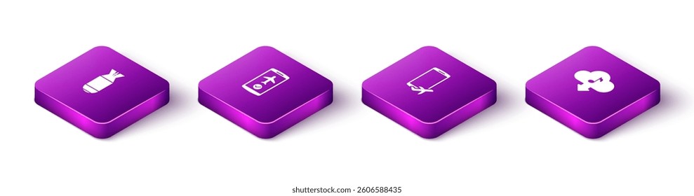 Set Isometric Aviation bomb, Flight mode in the mobile,  and Cloud download music icon. Vector