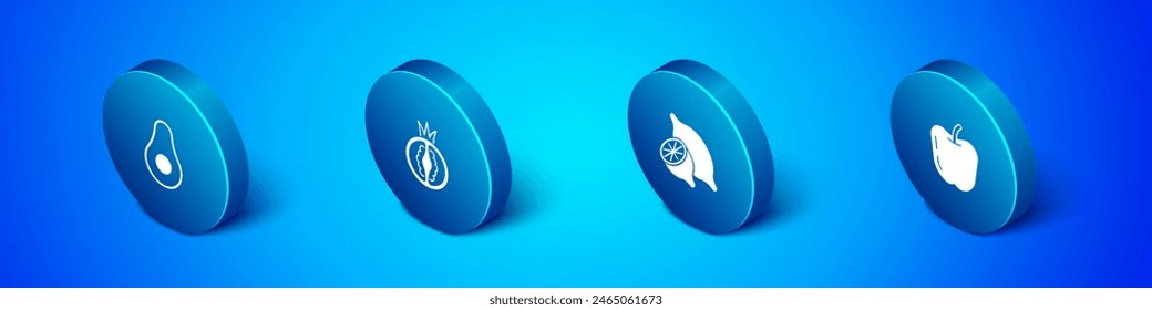 Set Isometric Avocado fruit, Lemon, Apple and Tomato icon. Vector
