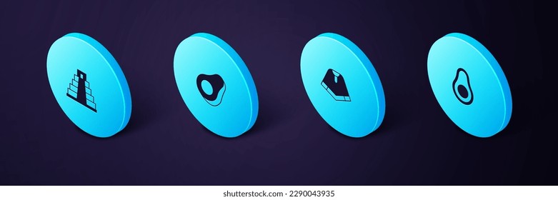Set Isometric Avocado fruit, Poncho,  and Chichen Itza in Mayan icon. Vector