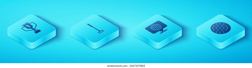 Set Isometric Award cup with golf, Golf club, ball and label icon. Vector