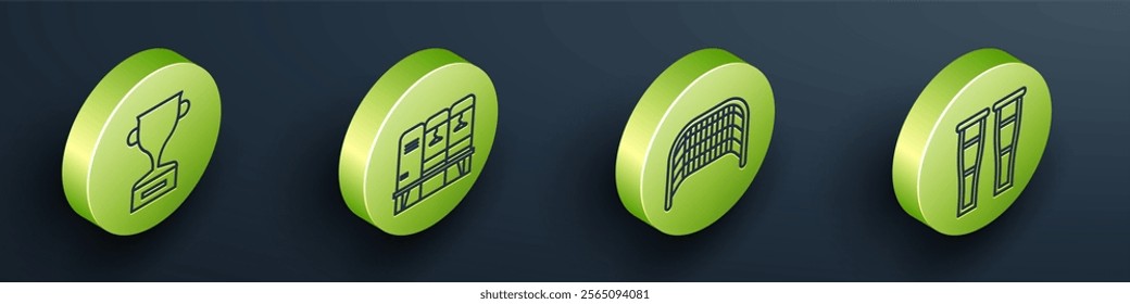 Set Isometric Award cup, Locker or changing room, Ice hockey goal and Crutch or crutches icon. Vector