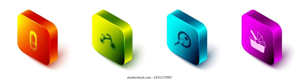 Set Isometric Baby clothes pin, Bicycle for kids, Sperm and stroller icon. Vector
