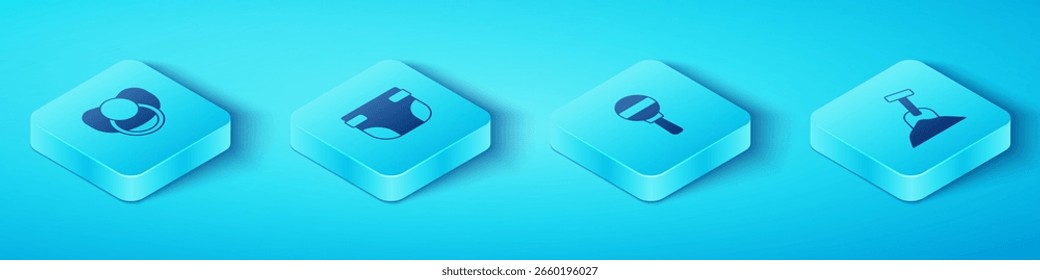 Set Isometric Baby Schnuller Schnuller, Windel, Sandkasten mit Sand und Schaufel und Rattle Baby Spielzeug Symbol. Vektorgrafik