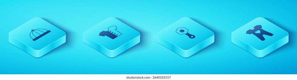 Set Isometric Baby hat, t-shirt, clothes and Rattle baby toy icon. Vector