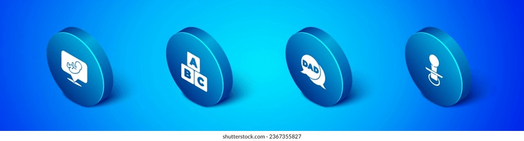 Indique el ícono de Bebé Isometric, el padre de la burbuja del habla, el pacificador fico y bloques ABC. Vector