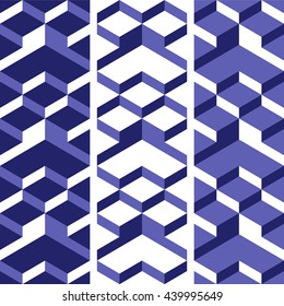 Set of isometric backgrounds. Vector seamless patterns. Blue backgrounds.