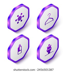 Set Isometric Bacteria, Hanger wardrobe, Bottle for detergent and Toilet bowl icon. Purple hexagon button. Vector