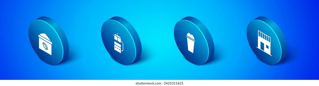 Set Isometric Bag of coffee beans, Milkshake, Coffee shop and French press icon. Vector