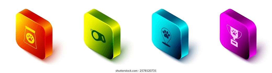 Set Isometric Bag of food for pet, Retractable cord leash, Location veterinary hospital and Pet award symbol icon. Vector