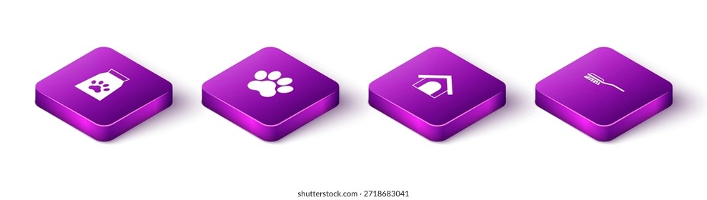 Conjunto de bolsa isométrica de alimentos para mascotas, impresión de patas, casa de perros y cepillo de pelo perro e icono de gato. Vector
