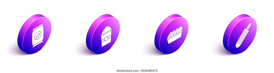 Set Isometric Bag or packet potato chips, Popcorn in box, Chicken nuggets in box and French hot dog icon. Vector