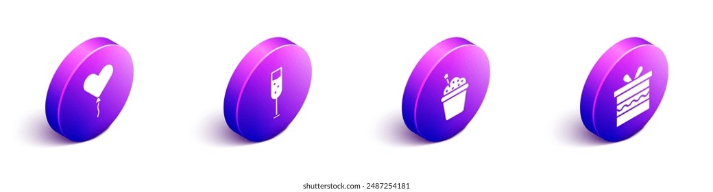 Set Isometric Balloon in form of heart, Glass of champagne, Cake and Gift box icon. Vector