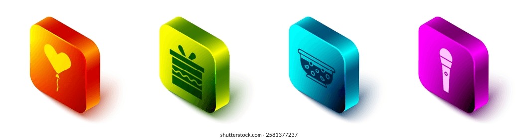 Set Isometric Balloon in form of heart, Gift box, Mixed punch in bowl and Karaoke microphone icon. Vector