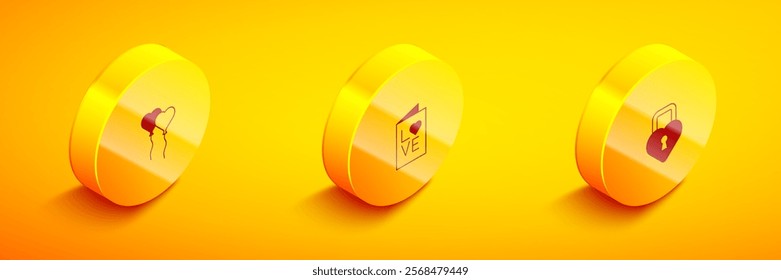 Set Isometric Balloons in form of heart, Valentines day party flyer and Castle the shape icon. Vector