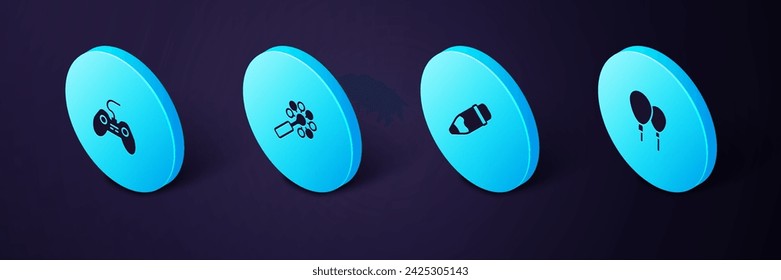 Set Isometric Balloons, Pencil with eraser, Rattle baby toy and Gamepad icon. Vector