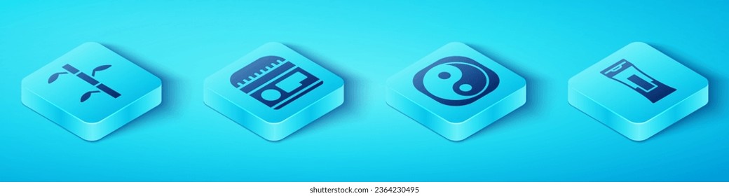 Set Isometric Bamboo stems with leaves, Cream or lotion cosmetic tube, Bottle of shampoo and Yin Yang icon. Vector