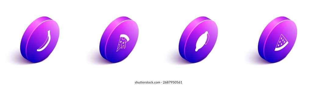 Set Isometric Banana, Slice of pizza, Lemon and Watermelon icon. Vector