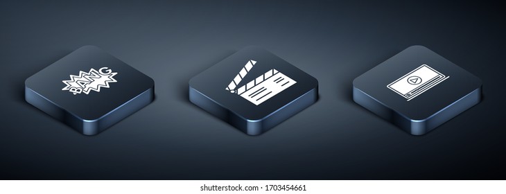 Set Isometric Bang boom text speech bubble balloon , Online play video  and Movie clapper  icon. Vector