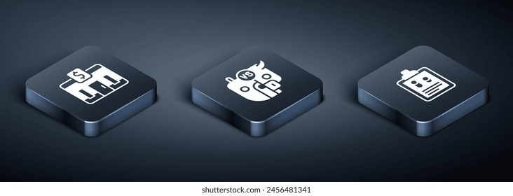 Set Isometric Bank building, Business finance report and Bull and bear of stock market icon. Vector