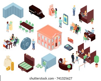 Set of isometric bank elements with staff and clients in office, online service, building isolated vector illustration  