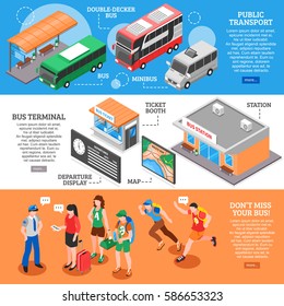 Set Of Isometric Banners With Bus Station Public Transport Ticket Booth Queue From Tourists Isolated Vector Illustration  