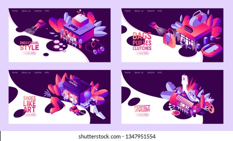 Set of isometric banners or landing page templates for fashion stores or boutiques as jewelry, bags, shoes, clothing and accessories shops. Night scenes with cars and style objects in bright gradients