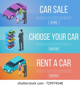 Set of isometric banners on theme rent and sale of cars. Isometric concepts. Highly detailed illustration