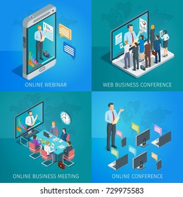 Set of isometric banners on theme online business conference. Online webinar. People listen to the lecturer. Isometric concept. Highly detailed illustration