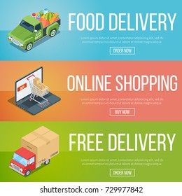 Set of isometric banners on theme online shopping and delivery services.