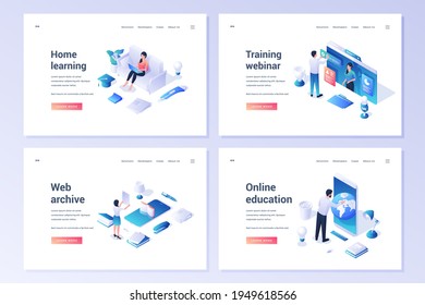 Set of isometric banners for website offering services of online education and home learning and web archive on white background