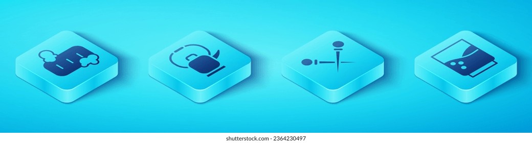 Set Isometric Bar of soap with foam, Kettle with handle, Glass with water and Knitting needles icon. Vector