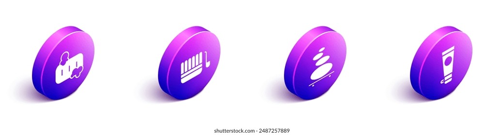 Set Barra isométrica de jabón con espuma, cucharón y cucharón de sauna, Pila de piedras calientes e icono de tubo cosmético de crema o loción. Vector