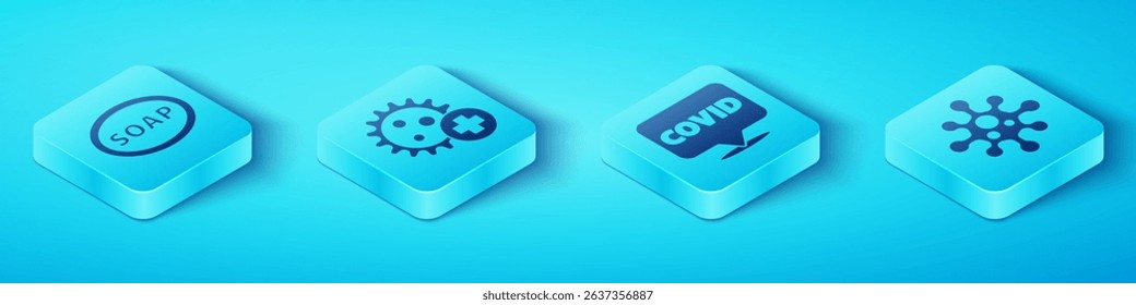 Set Isometric Bar of soap, Positive virus, Virus and Corona virus covid-19 on location icon. Vector