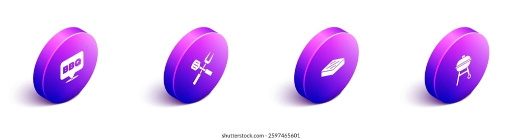 Set Isometric Barbecue, Crossed fork and spatula, Steak meat and grill icon. Vector