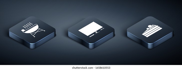 Set Isometric Barbecue grill , Cake  and Video game console  icon. Vector