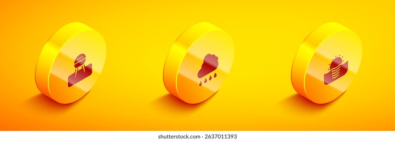 Set Isometric Barbecue grill, Cloud with rain and Sunrise icon. Vector