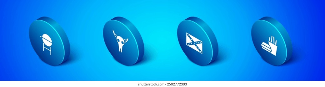 Conjunto de parrilla de barbacoa isométrica, bandera confederada, hamburguesas y patatas fritas y el icono de cráneo de búfalo. Vector