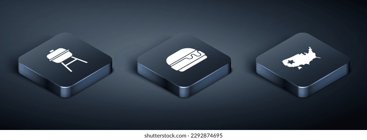 Set Isometric Barbecue grill, USA map and Burger icon. Vector